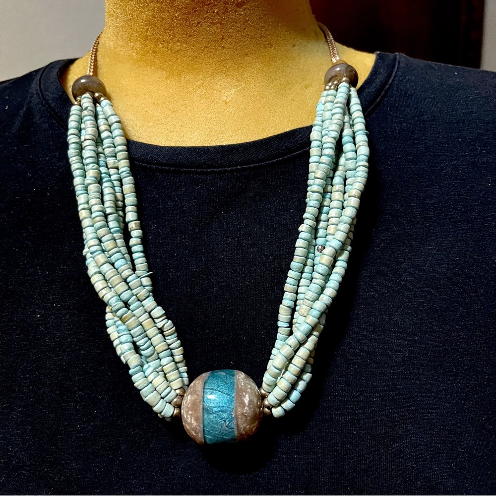 Green and Brown Multi-Strand Necklace with Tribal Accents